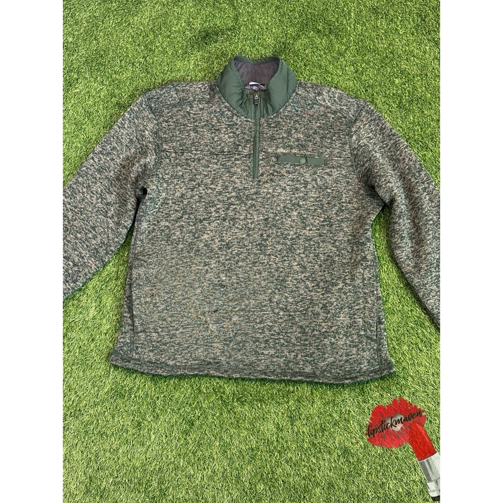 Eddie Bauer 1/4 Zip Polar Fleece Pullover Mens Large Green Gray Long Sleeve Cozy